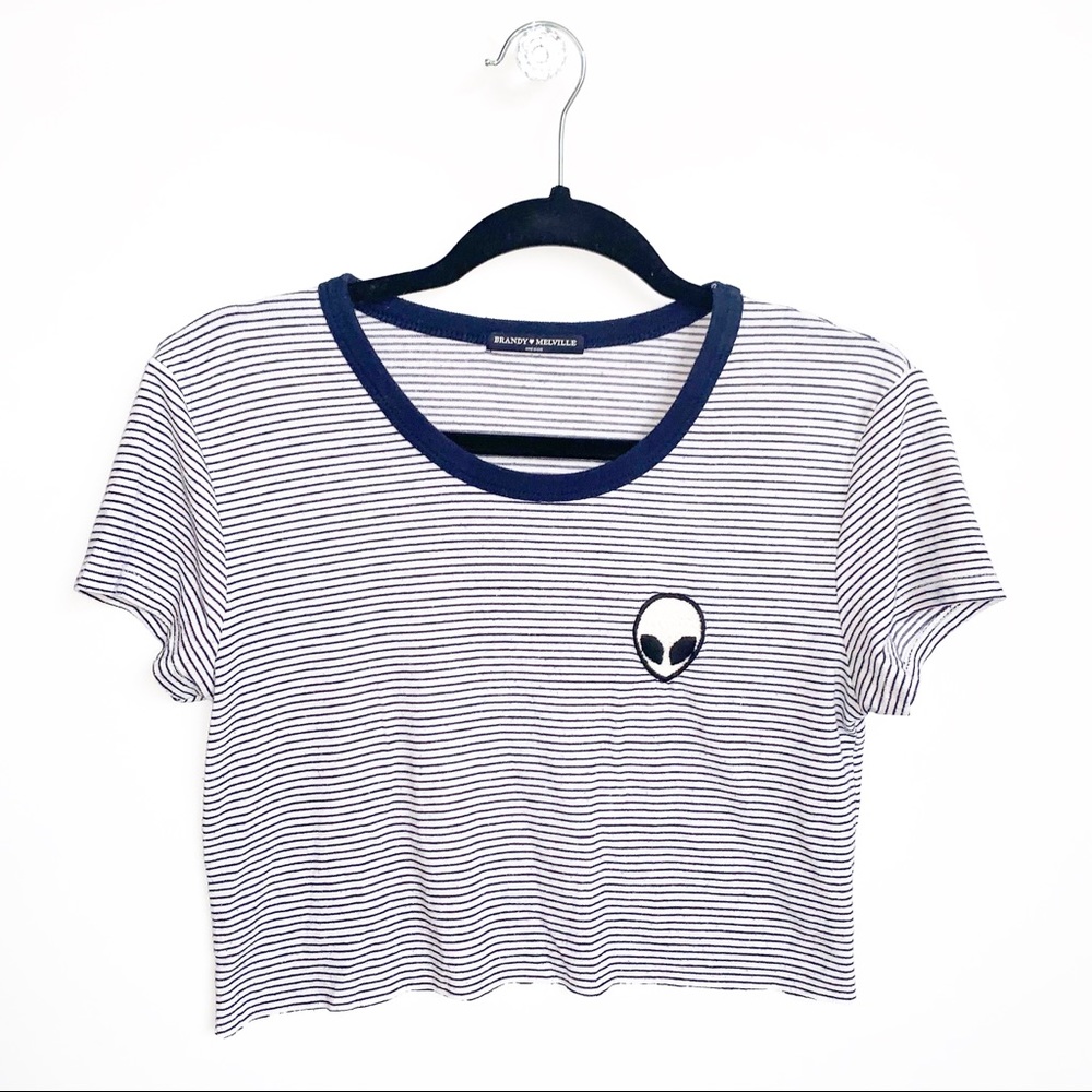 Brandy Melville | Hand Cropped Striped Alien Tee